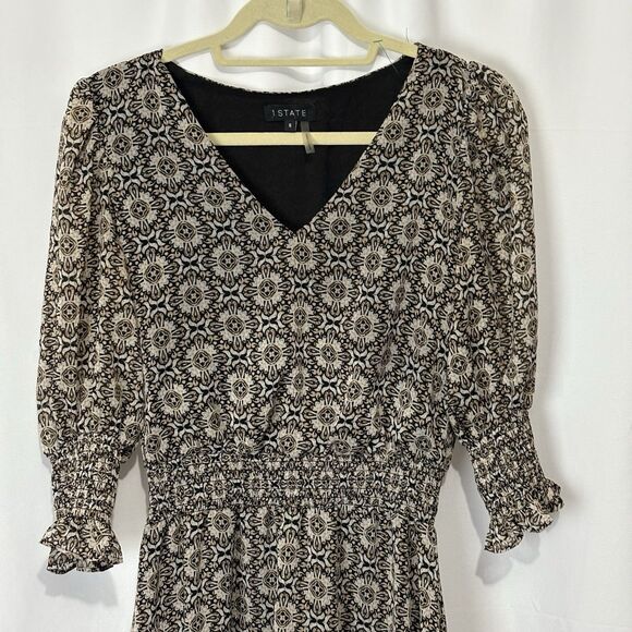 1State Paisley Printed V Neck Ruched Metallic Thread Boho Midi Dress Modest Sz S - Picture 2 of 8